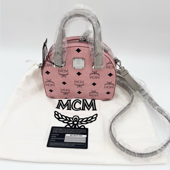MCM New Mini Half Moon Top Handle Satchel Purse Soft Pink Logo Crossbody Bag - Picture 11 of 16